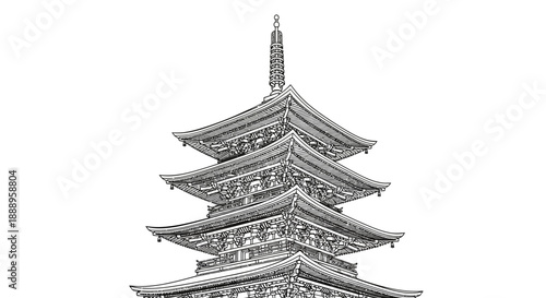 Traditional Japanese Pagoda Architecture in Detailed Sketch Style.