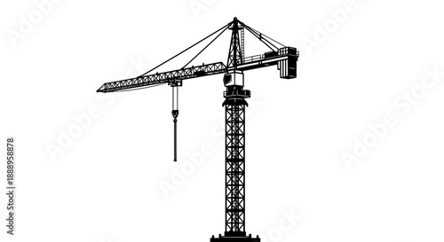 Tower crane silhouette construction equipment lifting heavy loads on site.