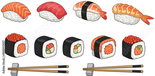 Sushi vector illustration, assorted nigiri and maki rolls, traditional Japanese cuisine artwork, colorful food design, chopsticks and seafood template
