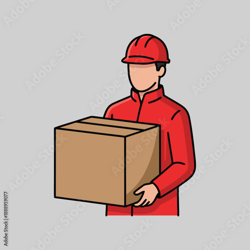 Delivery worker in red uniform holding a package.