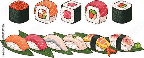 Sushi vector illustration, assorted nigiri and maki rolls, traditional Japanese cuisine artwork, colorful seafood design, vibrant food presentation template
