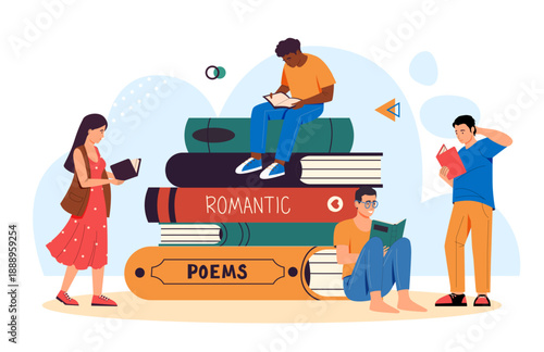 Young people reading books near giant novels and poetry volumes. Four students studying for exams. Literature, youth education. Flat cartoon vector illustration
