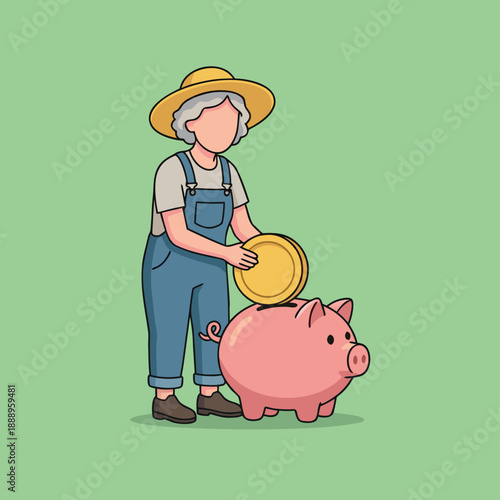 Elderly farmer saving money in a piggy bank.