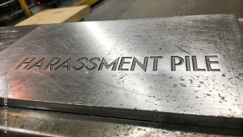 Metal Plate Engraved with the Word Harassment Pile in Factory Setting