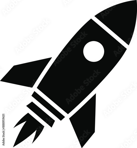 Black and white illustration of a rocket ship in mid flight ascending upwards