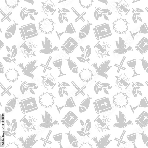 Minimalist Christian Easter Seamless Pattern with Grey Religious Icons on White Background for Clean Design