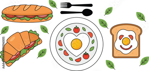 Breakfast cartoon set, baguette and croissant sandwiches, heart egg plate, toast face, vector graphics, food theme, brunch design