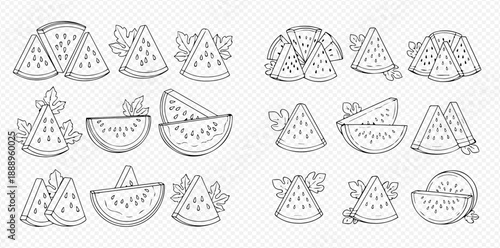 Watermelon slices and pieces with mint leaves in a hand-drawn doodle style, vector illustration set.