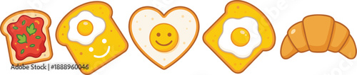Breakfast toast cartoon set, egg faces, croissant, tomato garnish, vector graphics, food theme, cheerful and morning meal design