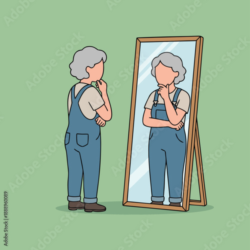 Elderly person looking in mirror contemplating self.