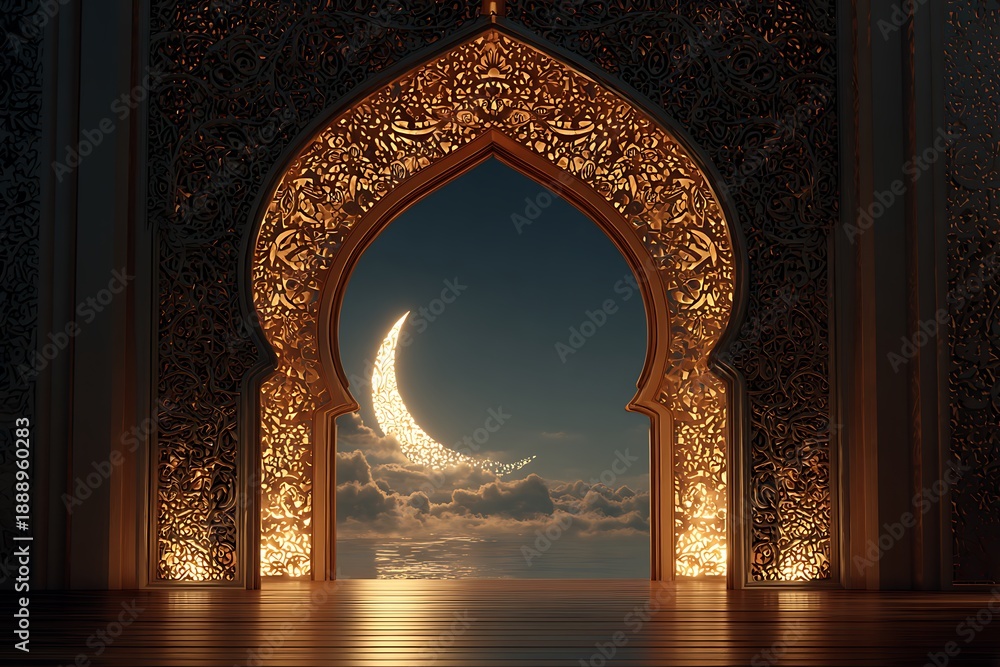 Fototapeta premium Elegant Islamic archway with crescent moon and golden light