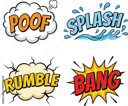 Comic sound effect icon set, POOF SPLASH RUMBLE BANG illustrations, vector graphics, pop theme, storytelling and action design