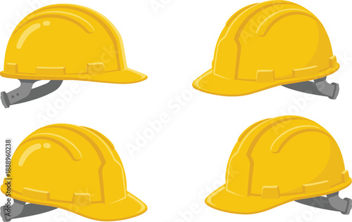 Construction helmet cartoon set, yellow hard hats in multiple angles, vector graphics, safety theme, industrial and PPE design