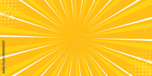 Yellow comics background with speed or explosion effect. Comic halftone gradation gradient. Simple polka dots pattern. Dynamic motion in manga. Radial anime speed lines. Zoom effect for books
