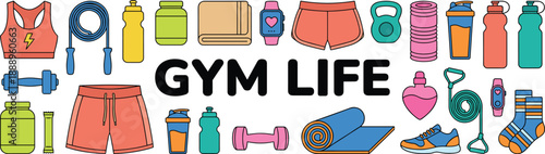 Gym life cartoon, editable vector clipart, fitness gear icons, dumbbells, protein powder, yoga mat, sportswear, healthy lifestyle, 