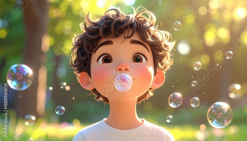 Young Child Blowing Bubbles in a Sunlit Outdoor Environment