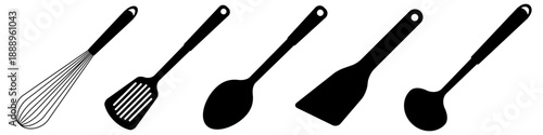 A simple black silhouette set of essential kitchen utensils including a whisk, spatula, spoon, and ladle. Flat vector illustration isolated on white background.