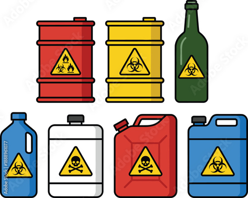 Hazardous material container icon set, barrels, bottles, jerry cans with warning labels, vector graphics, safety theme, chemical and PPE design