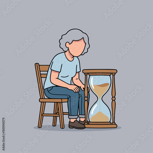 Elderly woman sitting next to a large hourglass, contemplating the passage of time.