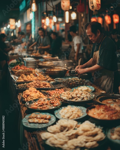 Street food vendor preparing Asian dishes at a bustling night market stall under warm lights, showcasing authentic cuisine.
