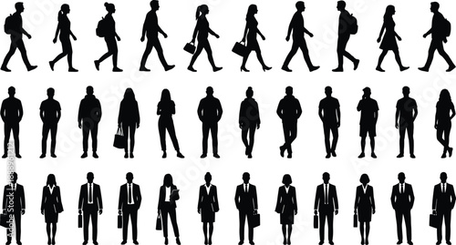 Human silhouette set, walking, standing, business attire poses, vector graphics, professional theme, casual and motion design