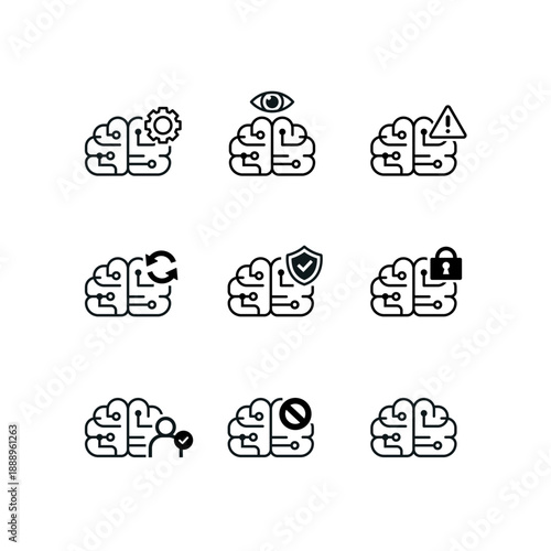 AI管理とセキュリティのシンプル線画アイコンセット