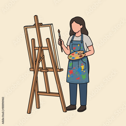 Female artist painting on canvas with brush and palette.