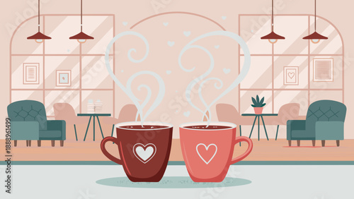 Couple enjoying coffee together in cozy cafe with heart steam