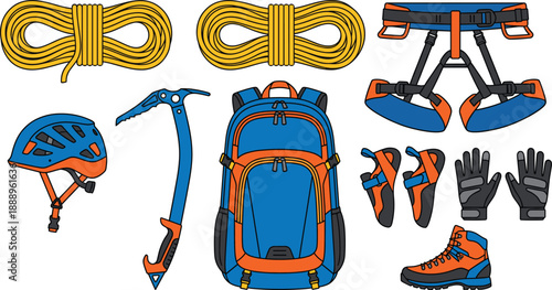 Rock climbing gear cartoon set, ropes, harness, helmet, axe, backpack, shoes, gloves, boot illustrations, vector graphics, adventure design