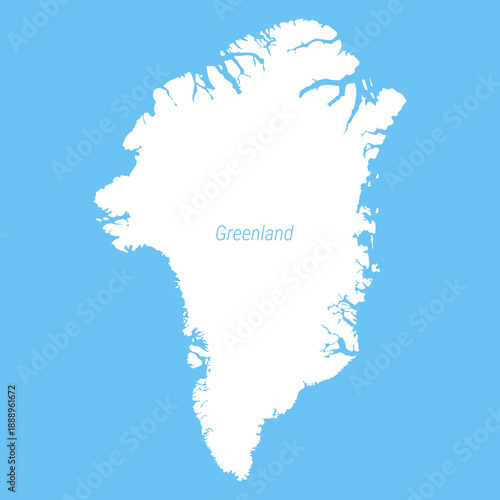 Greenland Island. Detailed map of Greenland, featuring a clean white silhouette with the name written on it, against a blue background of the Atlantic Ocean. Flat vector illustration isolated.