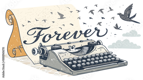 Vintage typewriter with forever message and birds flying free
