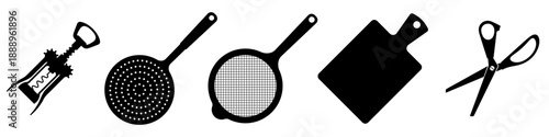 A set of black silhouette vector various kitchen tools and accessories, including a corkscrew, strainer, sieve, cutting board, and scissors. Flat vector illustration isolated on white background.