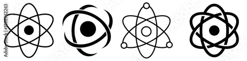 Set of abstract atom symbols representing science, physics, technology and research concepts. Minimal vector icons for education, innovation, interface and infographic use. Editable and scalable.
