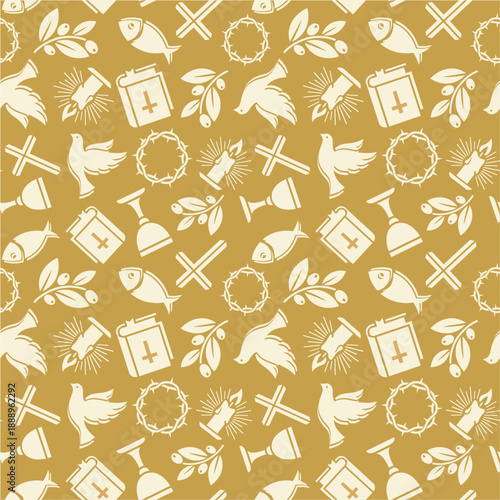 Luxury Christian Easter Seamless Pattern with Golden Religious Icons on Cream Background for Elegant Design