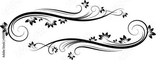 Black floral scroll divider vector illustration with elegant swirls and delicate flowers isolated on white background for wedding invitation vintage border or header design.