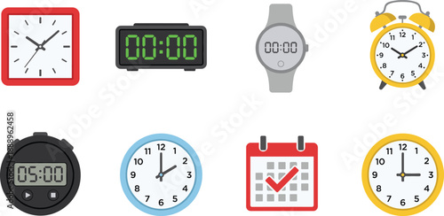 Time and schedule icon set, clocks, watches, stopwatch, calendar with checkmark, vector graphics, productivity theme, punctual and organized design