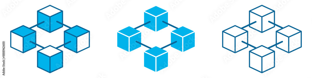 Fototapeta premium Connected cube shapes forming a simple blockchain network structure. Vector illustration set with linked blocks, editable and scalable, isolated on white background.