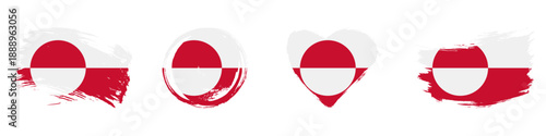 Greenland hand drawn grunge style flag icon set. Greenlandic banner in official colors. Free brush stroke shape, circle and heart-shaped. Flat vector illustration isolated on white.
