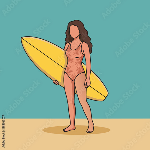 Woman with surfboard on beach.