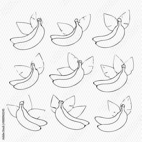 Monochrome hand-drawn sketch of banana fruit with leaves on a white background.