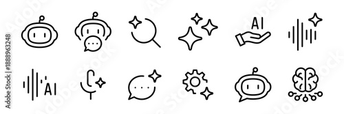 Artificial intelligence icon set, AI line icon set. Machine Learning, AI, Brain, Robot, Bot, chatbots, voice, magic sparkles, brain, assistant, Innovation and AI technology icons outline collection