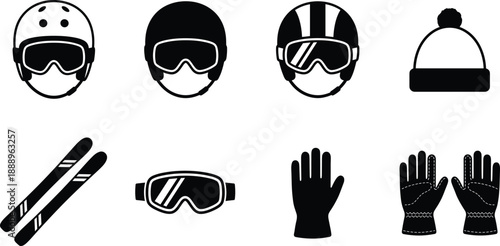 Winter sports gear icon set, helmets, goggles, skis, gloves, hat illustrations, vector graphics, snow theme, skiing and snowboarding design