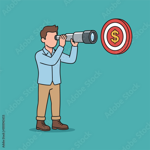 Man looking through a telescope at a target with a dollar sign, symbolizing financial goals and future investments.