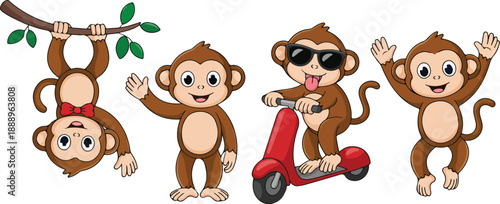 Cute Monkey Cartoon Illustration Set Hanging, Waving, and Jumping