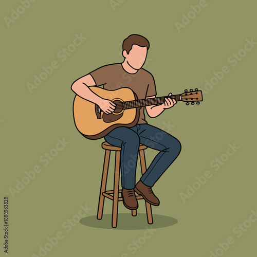 Man playing acoustic guitar sitting on stool.