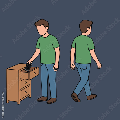 Man putting a black object into a wooden drawer, then walking away.