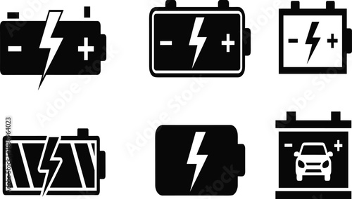 Battery icons with lightning bolt, polarity signs, car symbol, energy storage, automotive power, electric charge, black and white vector illustration