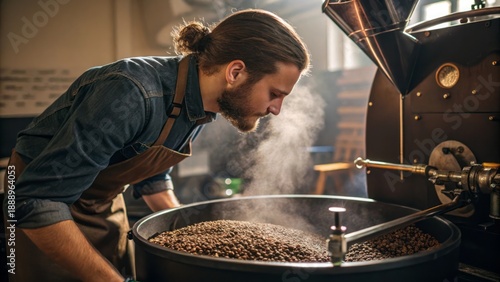 Focused Barista Inspecting Roasted Coffee Beans in Artisan Coffee Roastery Environment