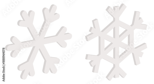 A simple and elegant vector 3D isolated illustration of two geometric snowflakes with clean lines and smooth edges. Ideal for winter-themed designs, holiday greetings, and seasonal decorations.