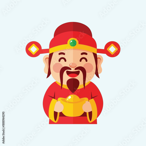 A cheerful cartoon illustration of the Chinese God of Wealth, Caishen, in traditional red robes, happily holding a golden ingot.